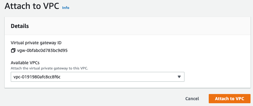 Screenshot showing details to attach virtual private gateway to VPC